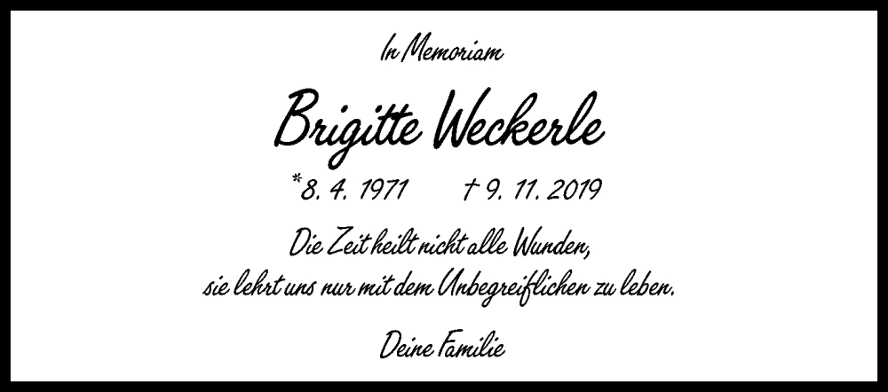  Traueranzeige für Brigitte Weckerle vom 09.11.2023 aus Eßlinger Zeitung/Cannstatter Zeitung