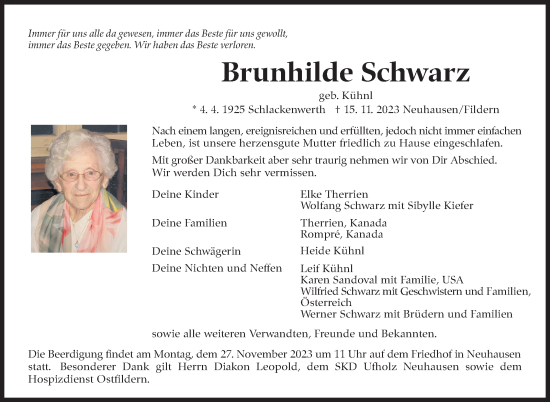 Traueranzeige von Brunhilde Schwarz von Eßlinger Zeitung/Cannstatter Zeitung