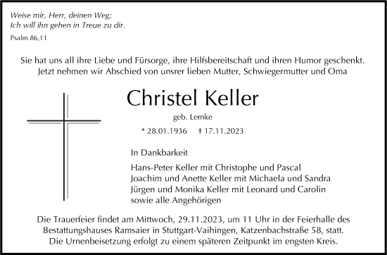 Traueranzeige von Christel Keller von Eßlinger Zeitung/Cannstatter Zeitung