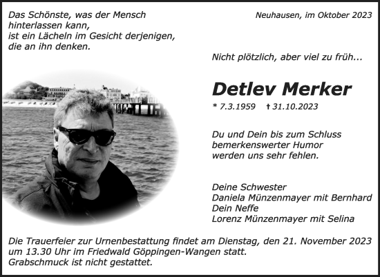 Traueranzeige von Detlev Merker von Eßlinger Zeitung/Cannstatter Zeitung