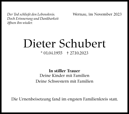 Traueranzeige von Dieter Schubert von Eßlinger Zeitung/Cannstatter Zeitung
