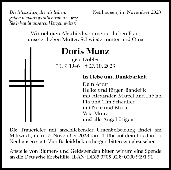 Traueranzeige von Doris Munz von Eßlinger Zeitung/Cannstatter Zeitung