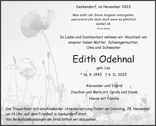 Traueranzeige von Edith Odehnal von Eßlinger Zeitung/Cannstatter Zeitung