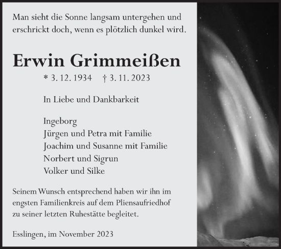 Traueranzeige von Erwin Grimmeißen von Eßlinger Zeitung/Cannstatter Zeitung