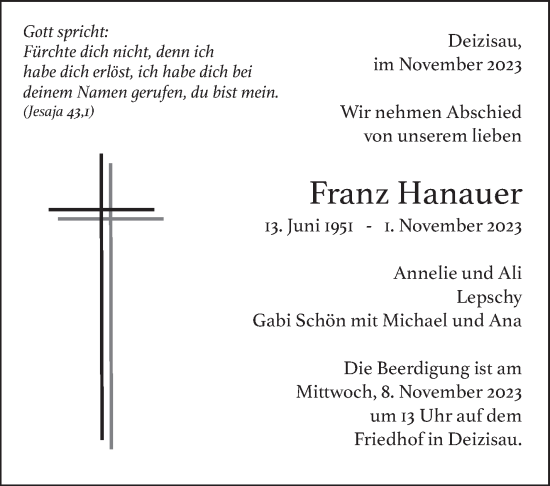 Traueranzeige von Franz Hanauer von Eßlinger Zeitung/Cannstatter Zeitung