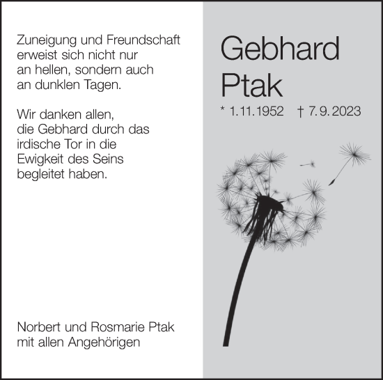 Traueranzeige von Gebhard Ptak von Eßlinger Zeitung/Cannstatter Zeitung