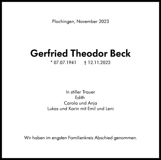 Traueranzeige von Gerfried Theodor Beck von Eßlinger Zeitung/Cannstatter Zeitung