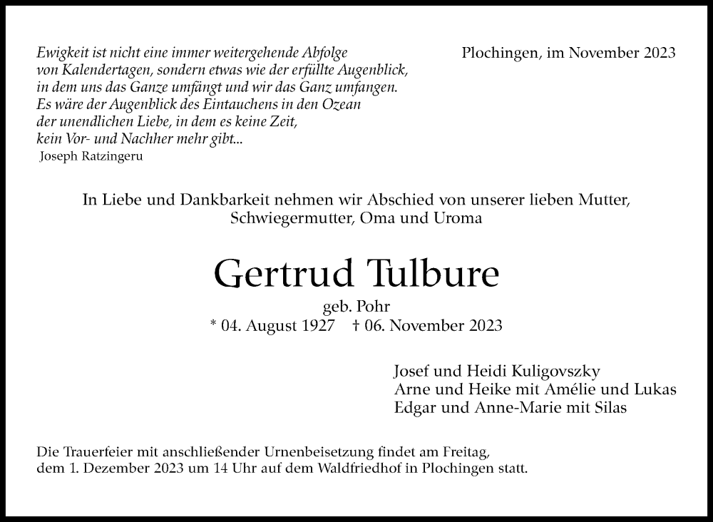  Traueranzeige für Gertrud Tulbure vom 25.11.2023 aus Eßlinger Zeitung/Cannstatter Zeitung
