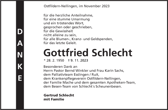 Traueranzeige von Gottfried Schlecht von Eßlinger Zeitung/Cannstatter Zeitung