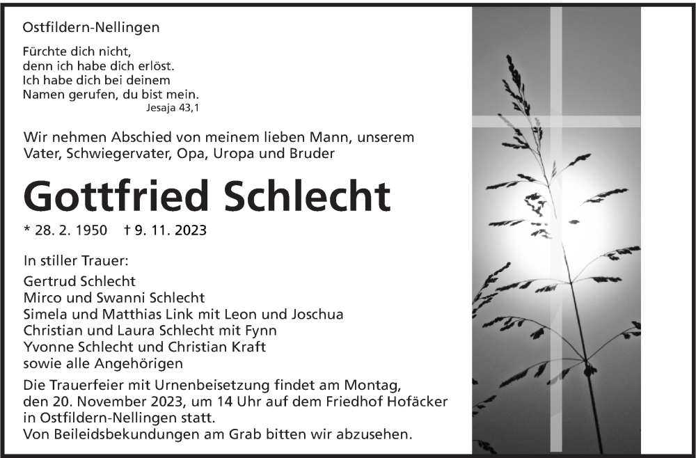  Traueranzeige für Gottfried Schlecht vom 16.11.2023 aus Eßlinger Zeitung/Cannstatter Zeitung