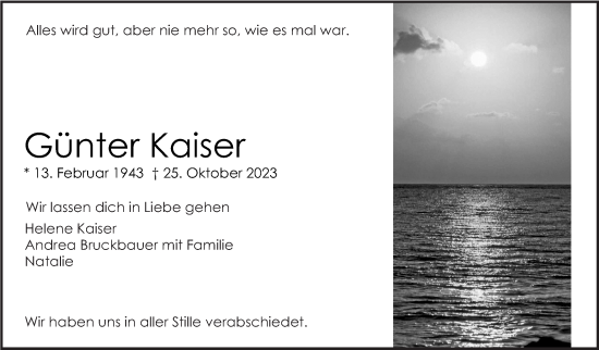 Traueranzeige von Günter Kaiser von Eßlinger Zeitung/Cannstatter Zeitung