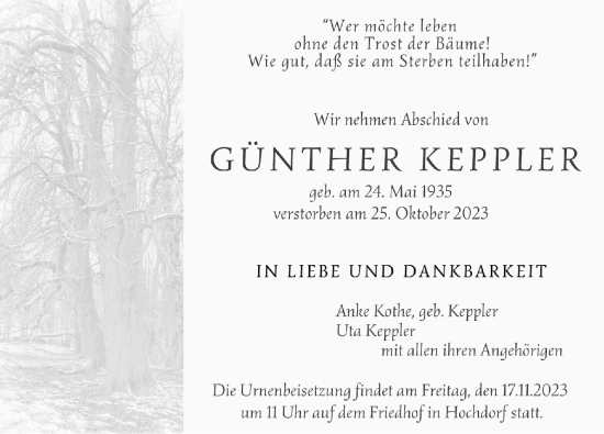 Traueranzeige von Günther Keppler von Eßlinger Zeitung/Cannstatter Zeitung