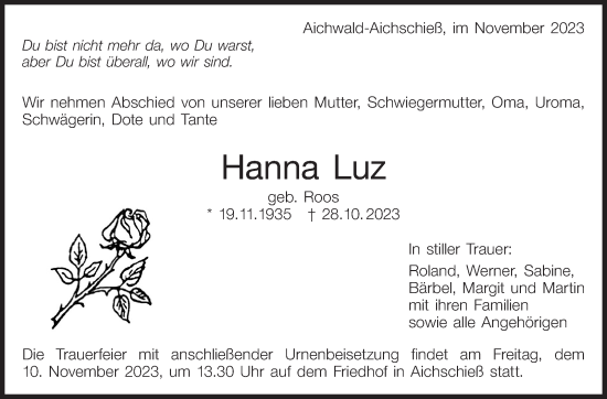 Traueranzeige von Hanna Luz von Eßlinger Zeitung/Cannstatter Zeitung