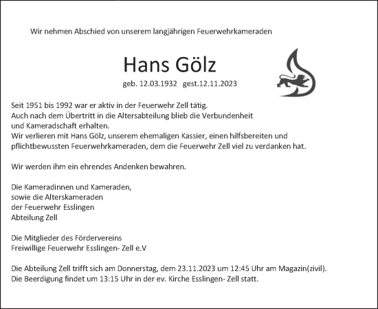 Traueranzeige von Hans Gölz von Eßlinger Zeitung/Cannstatter Zeitung