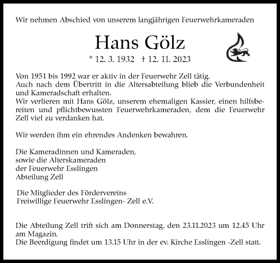 Traueranzeige von Hans Gölz von Eßlinger Zeitung/Cannstatter Zeitung
