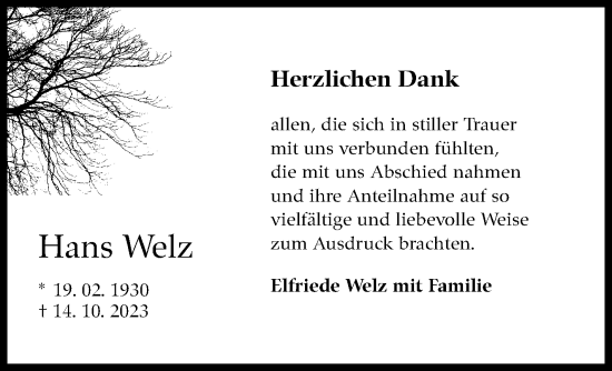 Traueranzeige von Hans Welz von Eßlinger Zeitung/Cannstatter Zeitung