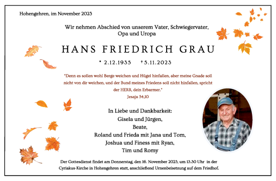 Traueranzeige von Hans Friedrich Grau von Eßlinger Zeitung/Cannstatter Zeitung