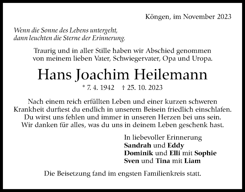  Traueranzeige für Hans Joachim Heilemann vom 11.11.2023 aus Eßlinger Zeitung/Cannstatter Zeitung