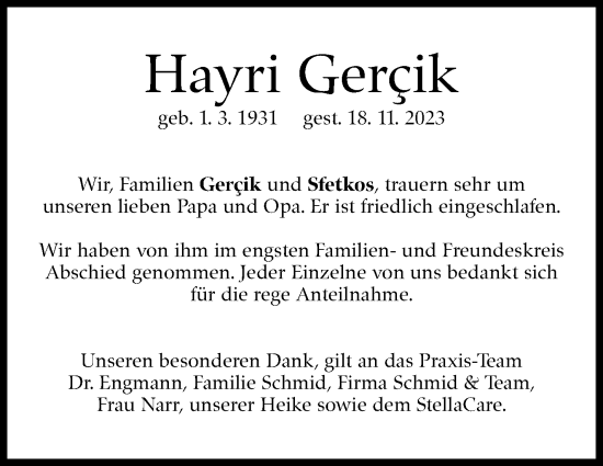 Traueranzeige von Hayri Gercik von Eßlinger Zeitung/Cannstatter Zeitung