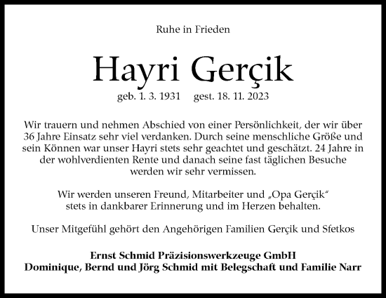 Traueranzeige von Hayri Gercik von Eßlinger Zeitung/Cannstatter Zeitung