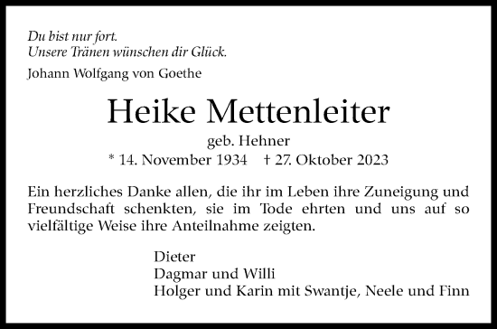Traueranzeige von Heike Mettenleiter von Eßlinger Zeitung/Cannstatter Zeitung