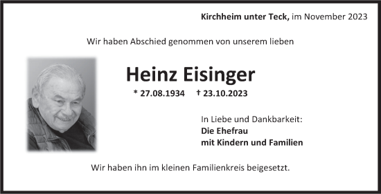 Traueranzeige von Heinz Eisinger von Eßlinger Zeitung/Cannstatter Zeitung