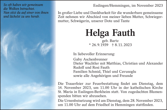 Traueranzeige von Helga Fauth von Eßlinger Zeitung/Cannstatter Zeitung