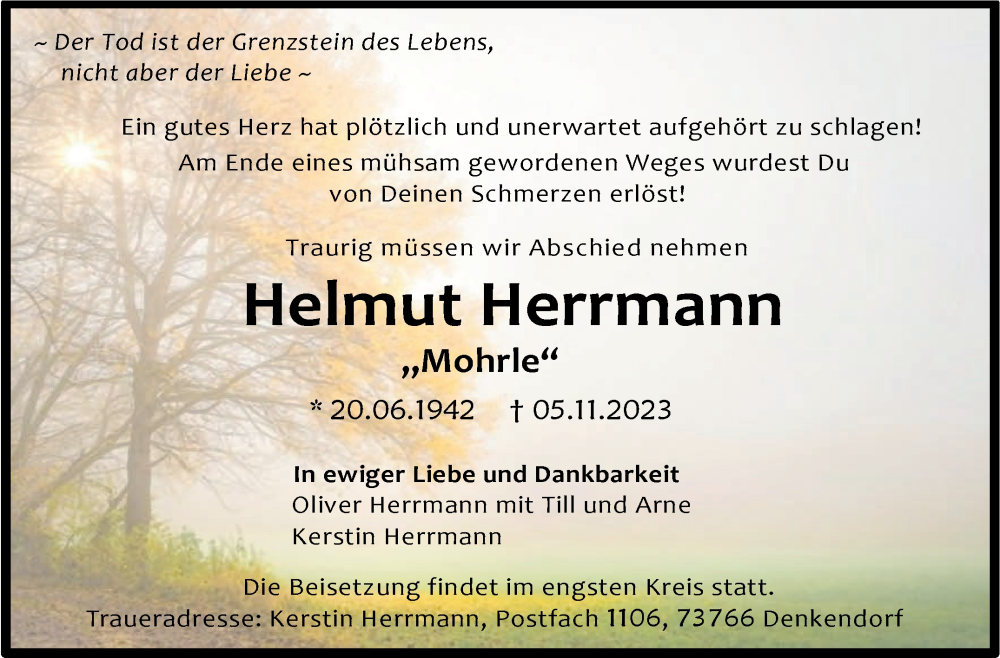  Traueranzeige für Helmut Herrmann vom 25.11.2023 aus Eßlinger Zeitung/Cannstatter Zeitung