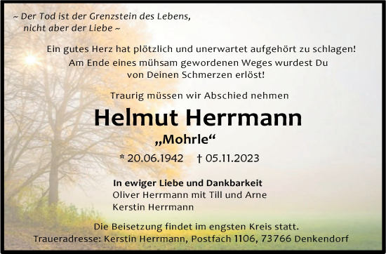 Traueranzeige von Helmut Herrmann von Eßlinger Zeitung/Cannstatter Zeitung