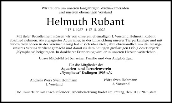 Traueranzeige von Helmuth Rubant von Eßlinger Zeitung/Cannstatter Zeitung