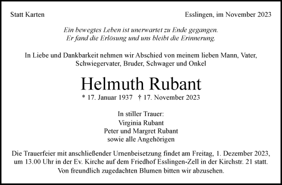 Traueranzeige von Helmuth Rubant von Eßlinger Zeitung/Cannstatter Zeitung
