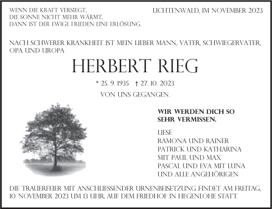 Traueranzeige von Herbert Rieg von Eßlinger Zeitung/Cannstatter Zeitung