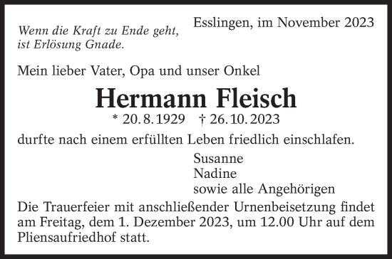 Traueranzeige von Hermann Fleisch von Eßlinger Zeitung/Cannstatter Zeitung
