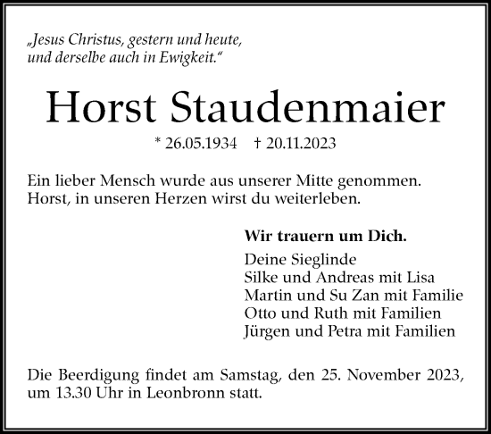 Traueranzeige von Horst Staudenmaier von Eßlinger Zeitung/Cannstatter Zeitung