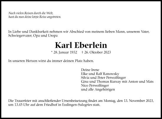 Traueranzeige von Karl Eberlein von Eßlinger Zeitung/Cannstatter Zeitung