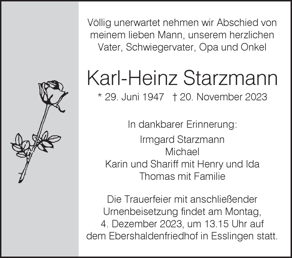  Traueranzeige für Karl-Heinz Starzmann vom 25.11.2023 aus Eßlinger Zeitung/Cannstatter Zeitung