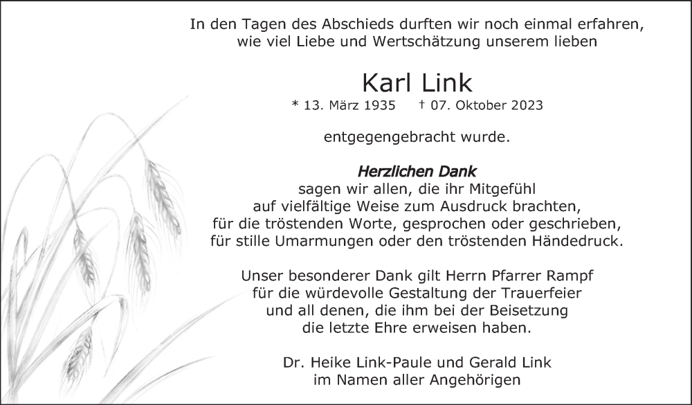  Traueranzeige für Karl Link vom 11.11.2023 aus Eßlinger Zeitung/Cannstatter Zeitung