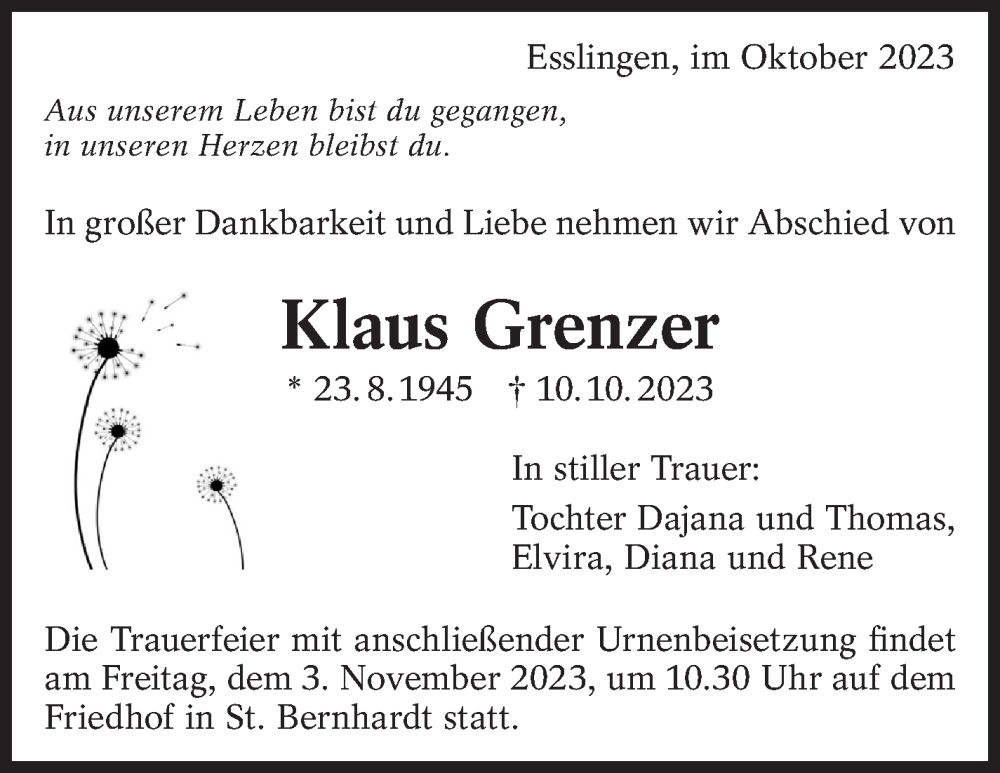  Traueranzeige für Klaus Grenzer vom 28.10.2023 aus Eßlinger Zeitung/Cannstatter Zeitung
