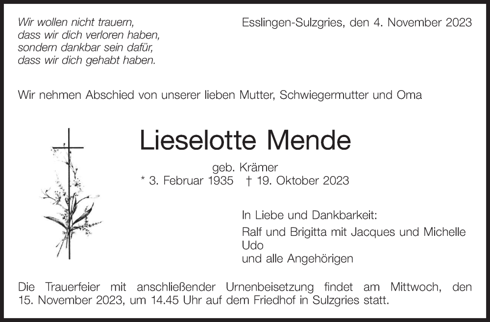  Traueranzeige für Lieselotte Mende vom 04.11.2023 aus Eßlinger Zeitung/Cannstatter Zeitung