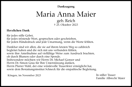 Traueranzeige von Maria Anna Maier von Eßlinger Zeitung/Cannstatter Zeitung