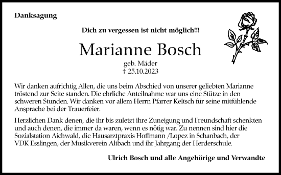 Traueranzeige von Marianne Bosch von Eßlinger Zeitung/Cannstatter Zeitung