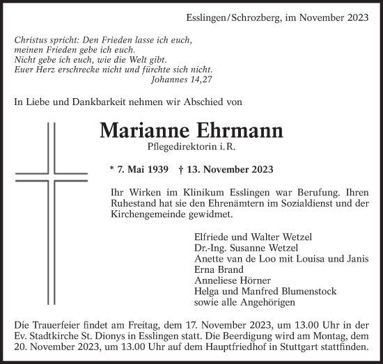 Traueranzeige von Marianne Ehrmann von Eßlinger Zeitung/Cannstatter Zeitung