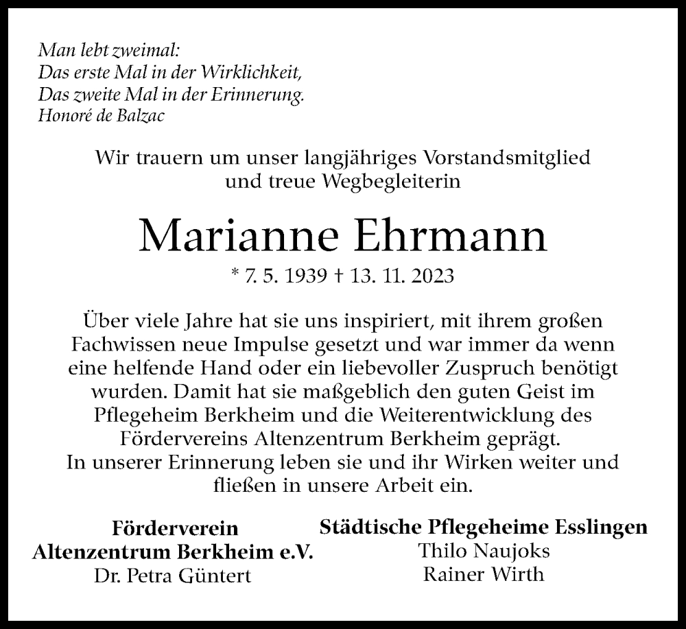  Traueranzeige für Marianne Ehrmann vom 21.11.2023 aus Eßlinger Zeitung/Cannstatter Zeitung