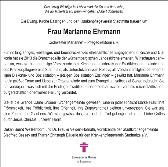 Traueranzeige von Marianne Ehrmann von Eßlinger Zeitung/Cannstatter Zeitung