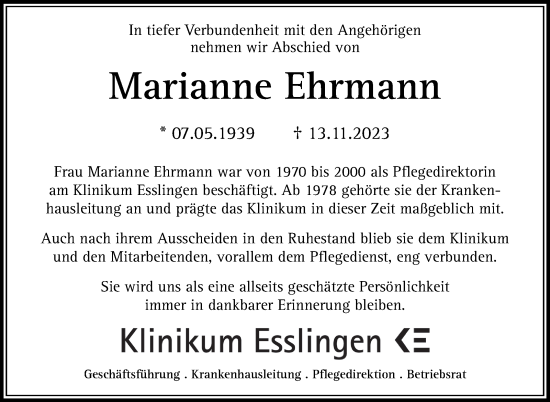 Traueranzeige von Marianne Ehrmann von Eßlinger Zeitung/Cannstatter Zeitung