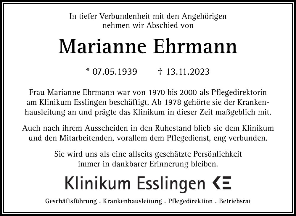  Traueranzeige für Marianne Ehrmann vom 16.11.2023 aus Eßlinger Zeitung/Cannstatter Zeitung