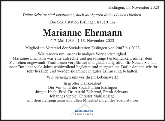 Traueranzeige von Marianne Ehrmann von Eßlinger Zeitung/Cannstatter Zeitung