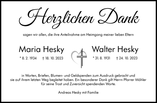 Traueranzeige von Maria und Walter Hesky von Eßlinger Zeitung/Cannstatter Zeitung