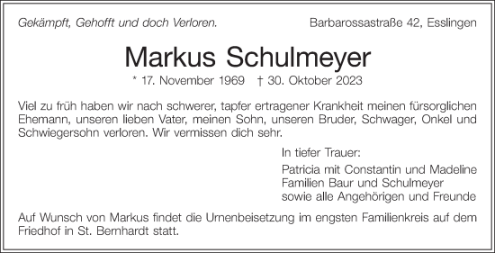 Traueranzeige von Markus Schulmeyer von Eßlinger Zeitung/Cannstatter Zeitung