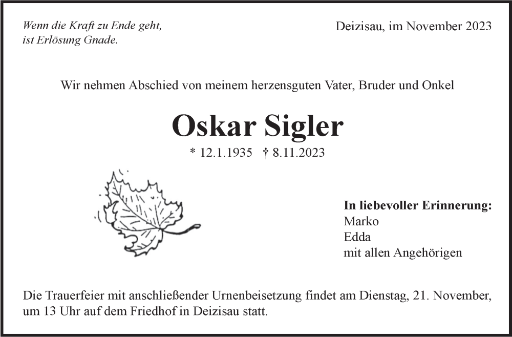  Traueranzeige für Oskar Sigler vom 16.11.2023 aus Eßlinger Zeitung/Cannstatter Zeitung